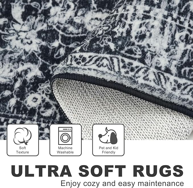 KILOCOCO Washable Runner 2x6 Rug Runner Printed Vintage Floral Kitchen Runners Non-Slip Rubber Backed Runners for Hallways Distressed Thin Soft Rugs for Entryway Laundry Room, Black/Navy/White