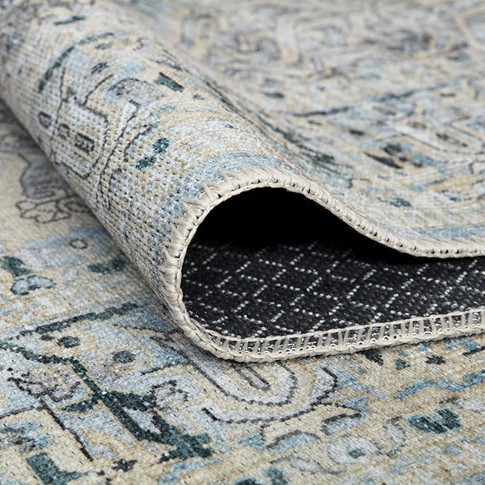 Bloom Rugs Washable Non-Slip 10 ft Runner - Cream/Light Blue/Teal Traditional Medallion Runner for Entryway, Hallway, Bathroom, and Kitchen - Exact Size: 2.5' x 10'