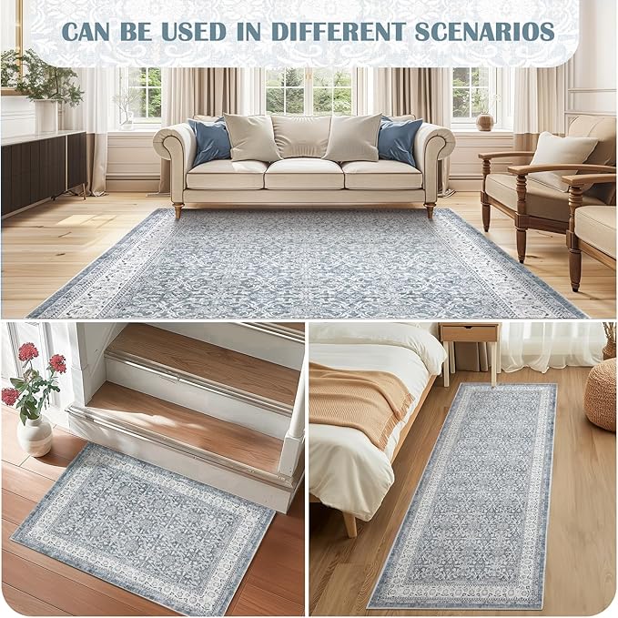jinchan Hallway Runner Rug 3x7 - Machine Washable Grey Vintage Floral Distressed Design Soft Non-Slip Low-Pile Ultra-Thin Runner Rug for Kitchen Laundry Room Bedroom Farmhouse (3‘x8', Grey)