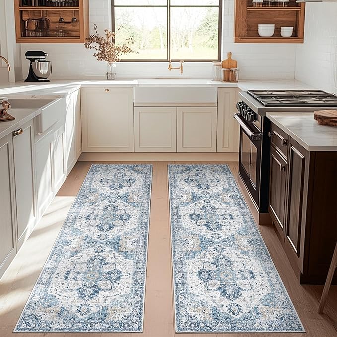 jinchan Kelda Runner Rug 2x10-2pcs Hallway Rug Washable Runner Vintage Mat Retro Lightweight Non-Slip Floor Cover Distressed Thin Carpet for Entryway Bathroom Bedroom Laundry Room Stairway Blue