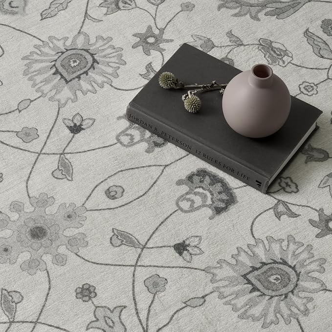 EVERGRACE Area Rugs for Entryway 2x3, Boho Floral Faux Wool Indoor Outdoor Small Rugs, Washable Rugs for Bedroom Bathroom Laundry Doormat, Low Pile Floor Mat Carpet for Home Decor, Cool Gray