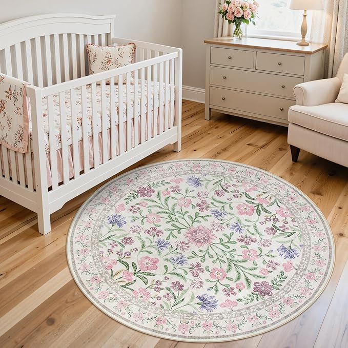 Lahome Light Purple 4 ft Round Accent Rug, Small Circular Soft Mat for Nursery & Reading Nook, Machine Washable Low Pile Carpet for Cozy Self-Care Retreat Decor