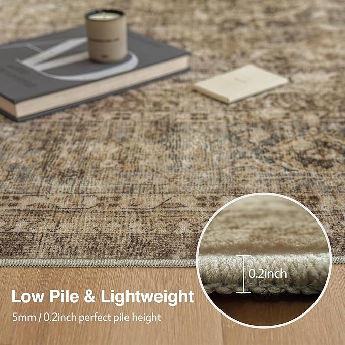 FMFUNCTEX 3ft Round Washable Area Rug Brown Vintage Neutral Distressed Small Non Slip Carpet for Living Room Bedroom Soft Low Pile Indoor Mat Retro Floral Throw Rug for Entryway Bathroom Bedside