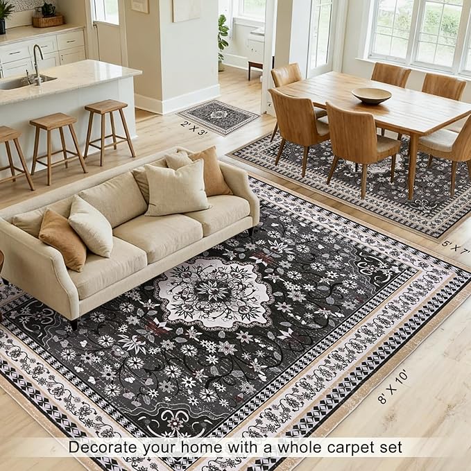 2' x 3' Black Washable Area Rugs, Non-Slip Entryway Rug, Boho Low Pile Door Mat Indoor Entrance, Floral Medallion Pattern Vintage Rugs for Kitchen Bedroom Bathroom Laundry Living Room Farmhouse