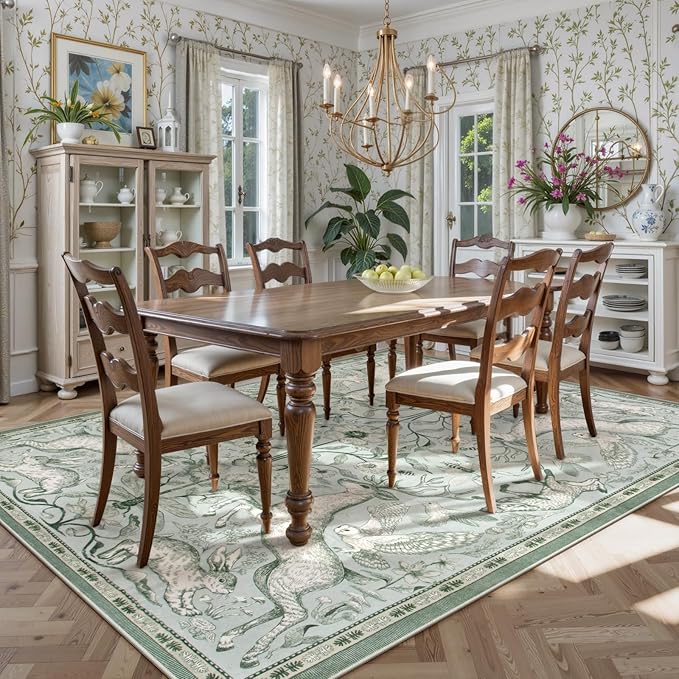 Lahome Boho Animal 6x9 Washable Living Room Area Rugs, Green Soft Rugs for Bedroom, Botanical Large Boho Non Slip Dining Room Carpet for Under Table Office Kids Playroom (6x9ft,Light Green)