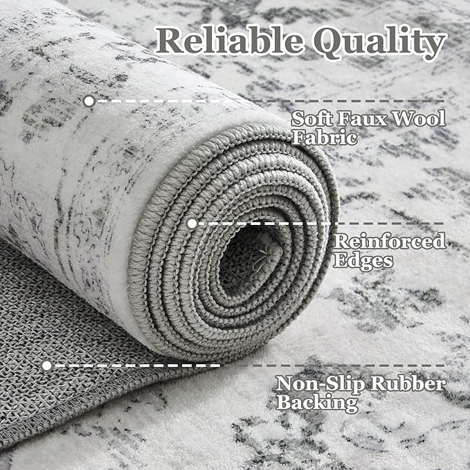 Distressed 5x8 Area Rugs for Living Room Bedroom, Low Pile Machine Washable Non Slip Carpet Rugs for Dining Room/Home Office/Kitchen Boho Farmhouse Transitional Style, Off White/Grey