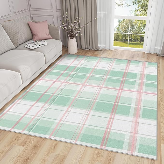 Plaid Rug 3x5 - Mint Green Tartan Gingham Rugs for Bedroom Non Slip Low Pile Machine Washable Area Rugs for Living Room Kitchen, Plaid Carpet House Decor & Gifts