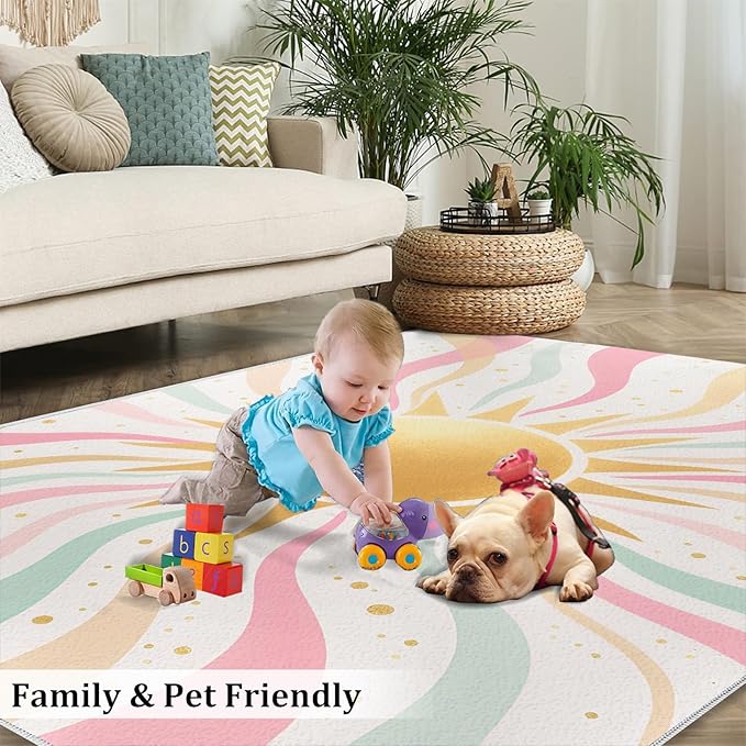 Boho Sun Area Rugs 3x4ft, Minimalist Sunburst Kids Bedroom Rug, Abstraction Deco Bedside Rug Durable Non Slip for Cafe Living Room Under Table Boys Room Decor