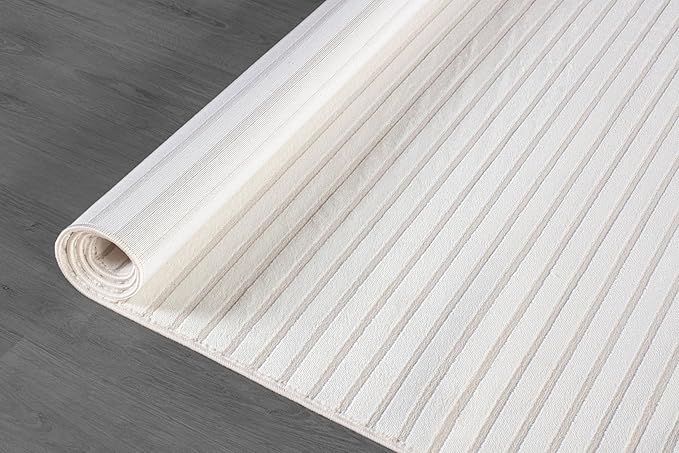 Beverly Rug Modern Geometric Area Rug 8x10 Low-High Pile Durable Soft Abstract Striped Indoor Rugs for Living Dining Room Office Stain Resistant Non Shedding Casual Indoor Carpet Beige White 8 x 10