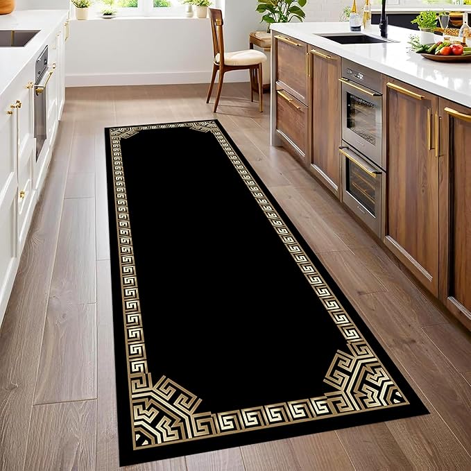 Greek Key Runner Rugs, 2.6x7ft, Vintage Traditional Tribal Black and Gold Color Stain Resistant Long Rug Runners, Entryways Non Slip Washable Sturdy Room Decor Mat for Kitchen Bedroom