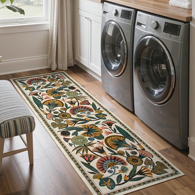 Washable Kitchen Runner Rug, Floral 2x6 Rug Runners for Hallways, Washbale Non Slip Beige Rugs, Soft Low Pile Carpet for Bedroom Entryway Laundry Room
