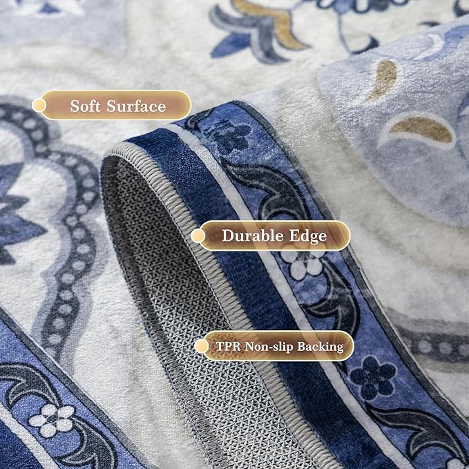 EnHomee 8x10 Area Rug, Soft Washable Rugs for Living Room Bedroom, Boho Non Slip Low Pile Stain Resistant Washable Rug Large Area Rugs for Dining Room,Easy to Clean Living Room Rug, Blue