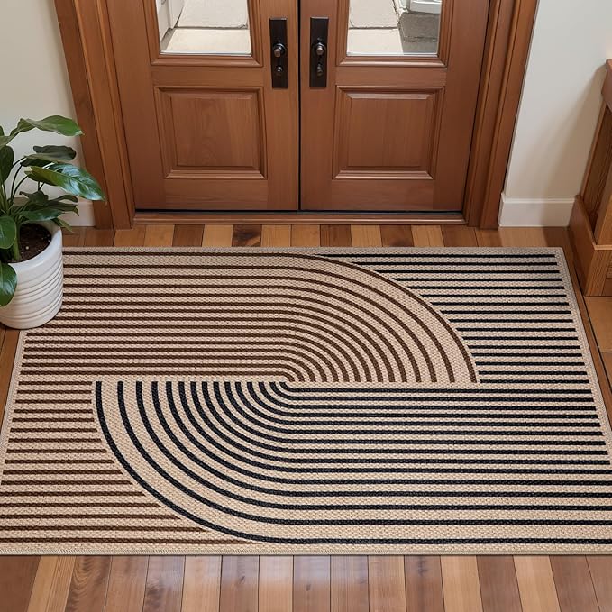 Tangsoo Rainbow Easy Jute Rug 2x4 Small Throw Rugs for Entryway,Washable Ultra Thin Outdoor Door Mat, Black Brown Non-Slip Indoor Floor Carpet for Entrance Kitchen Hallway Bedroom Front Porch