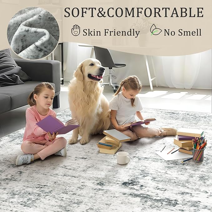 5x7 Machine Washable Area Rug for Living Room, Grey Modern Vintage Abstract Rug Large Non-Slip Low Pile Soft Faux Wool Carpet, Kids and Pets Friendly for Bedroom Dining Room Farmhouse Home Decor Rug