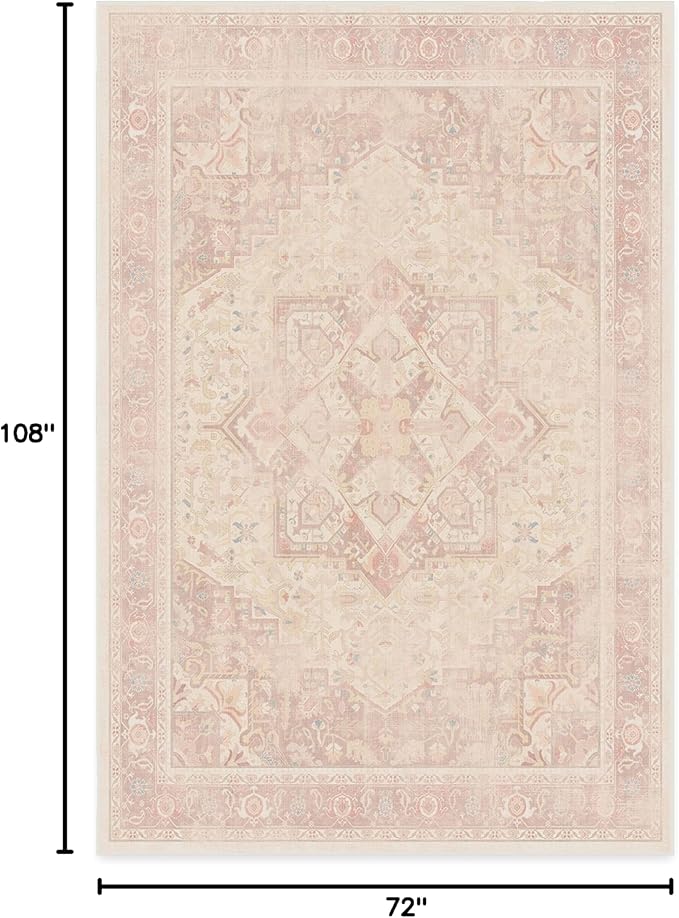 RUGGABLE Washable Area Rug – Kamran Soft Pink 6x9, Stain-Resistant, Non-Slip – Medium Machine Washable Rugs for Living Room, Bedroom, Hallway, Entryway & Office–with Cushioned Pad