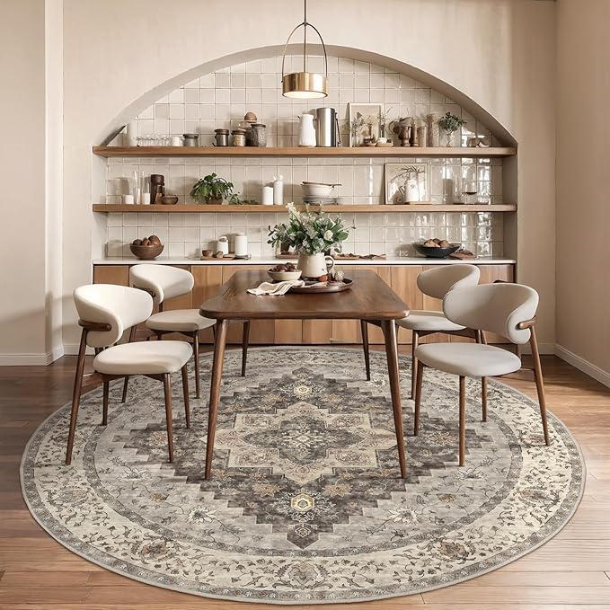 Tangsoo Vintage Round Rug 4ft Washable Circle Rug, Non Slip Small Boho Round Rug, Low Pile Circular Rugs, Round Carpet for Bedroom,Entryway,Nursery,Dorm,Kitchen,Grey/Multi
