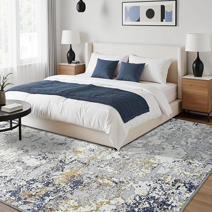 Toneed Abstract Area Rug Modern Washable Rug Soft Non Slip Rug Low Pile for Bedroom Living Room Dining Room Blue 8x10 Feet