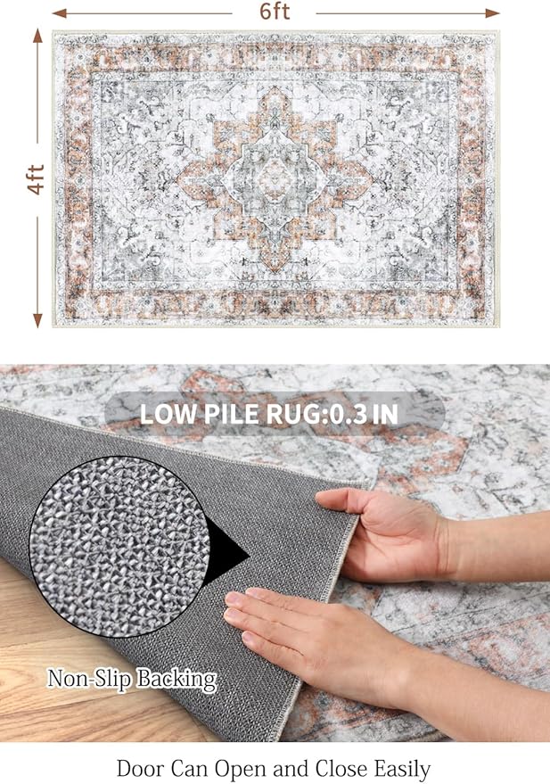 COMSLE 4x6 Rugs for Living Room Washable Area Rugs for Bedroom Faux Wool Distressed Throw Rugs Absorbent Non-Slip Floor Carpet for Indoor Kitchen Laundry Room Orange
