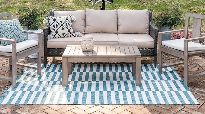 Unique Loom Outdoor Striped Collection Area Rug - Striped (4' 1" x 6' 1" Rectangle, Teal/Ivory)
