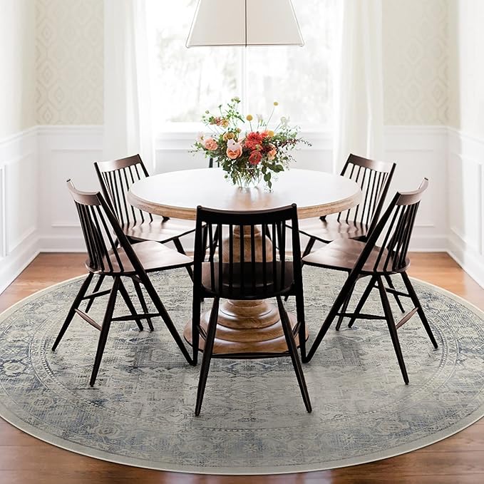 RUGGABLE Washable Vintage Area Rug – Kamran Blue Quartz 8 ft Round, Stain-Resistant, Non-Slip – Large Machine Washable Rugs for Living Room, Bedroom, Hallway, Entryway & Office–with Standard Pad