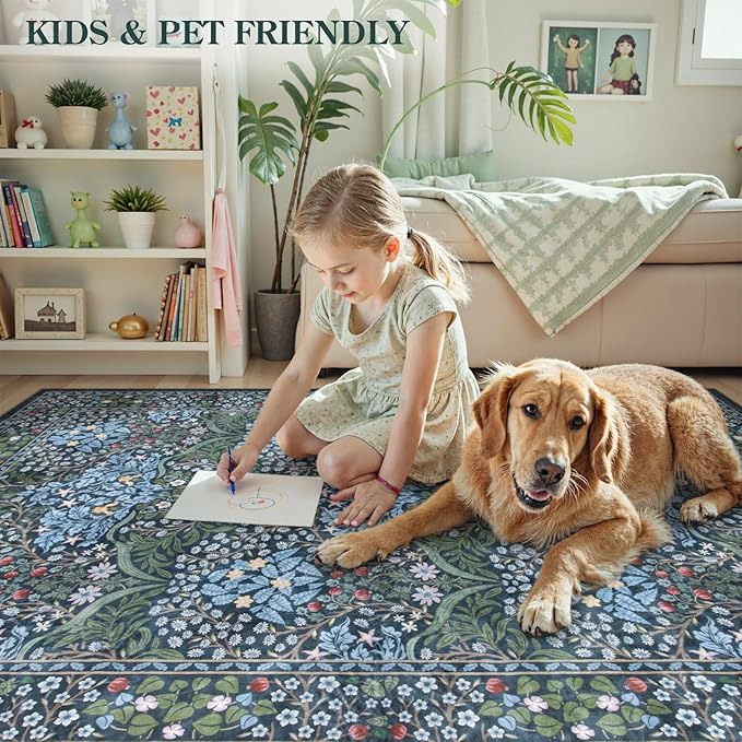 Lahome Floral Washable Rugs 8x10, Soft 8x10 Area Rugs for Living Room Bedroom, Boho Non-Slip Blue Forest Design Large Throw Carpet for Farmhouse Dining Room Office, Blue