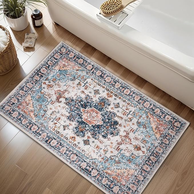 Tangsoo Vintage Rug 2x3 Washable Rug for Entryway, Non Slip Small, Indoor Front Door, Print Distressed Blue/Beige Door Mat Carpet, Soft Low Pile Rugs for Entrance Kitchen Bedroom Bathroom