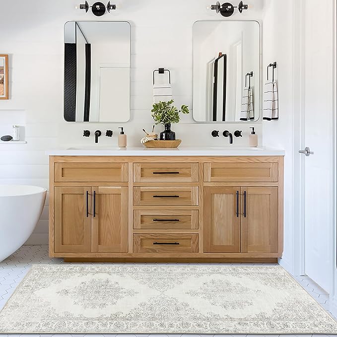 ReaLife Rugs Machine Washable Area Rug Runner - Living Room Bedroom Bathroom Kitchen Entryway Office - Padded Low Pile Stain Resistant Premium - Boho Farmhouse Vintage - Paige - Ivory 2'6" x 6'