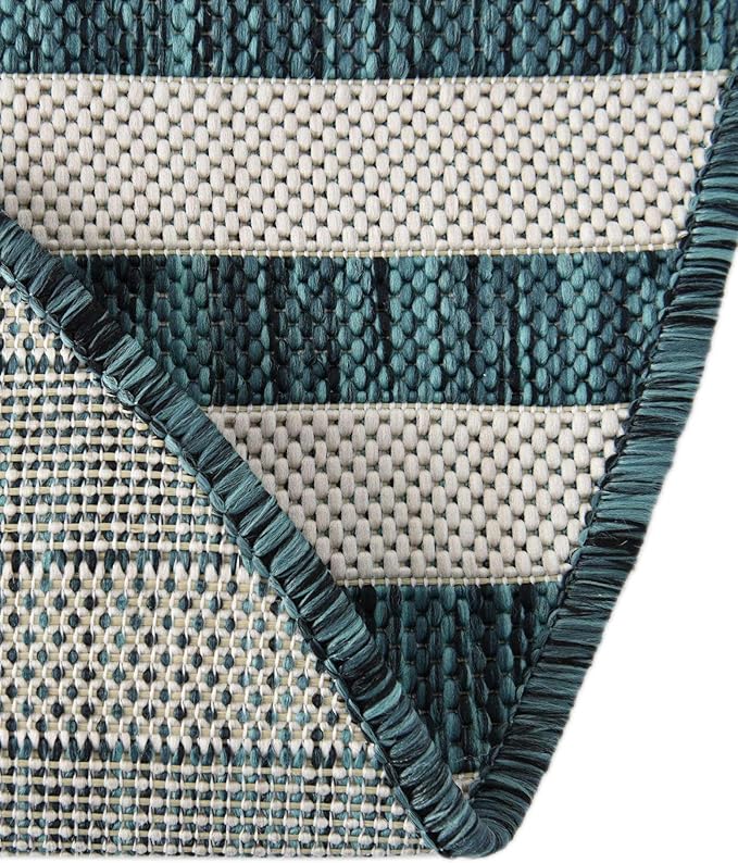 Unique Loom Outdoor Striped Collection Area Rug - Striped (4' 1" Round, Teal/Ivory)