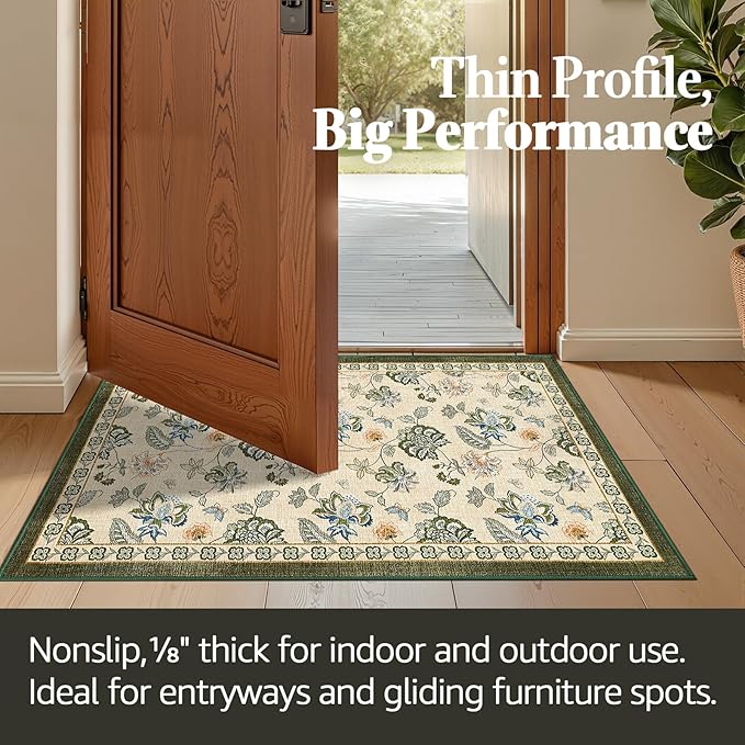 jinchan Elora 2x3 Floral Rug for Entryway Washable Kitchen Rug Vintage Romance Design Small Mat Non Slip Indoor Doormat Lightweight Low-Profile Throw Carpet for Entrance Laundry Room, Green/Beige