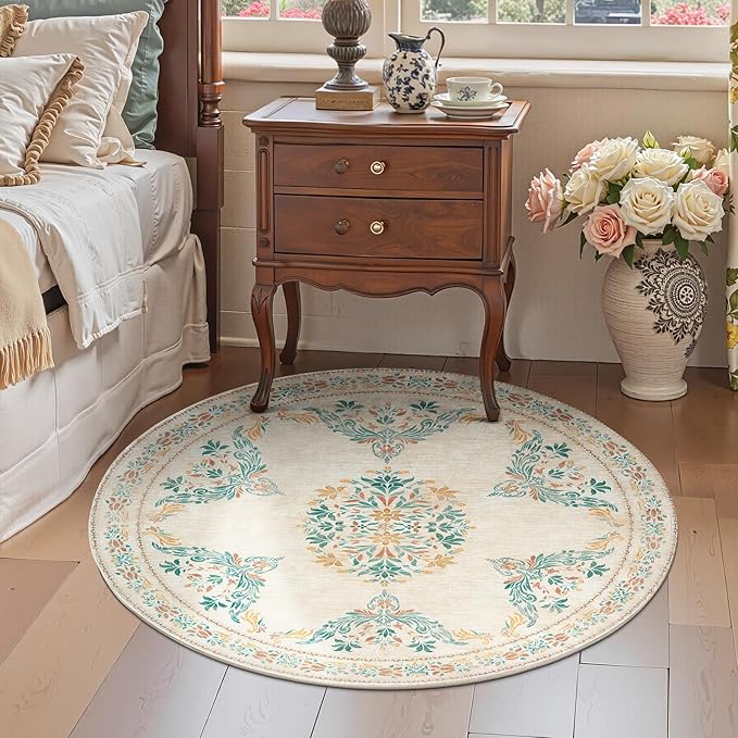 jinchan Round Rug 4ft Area Rug Vintage Floral Distressed Design Machine Washable Soft Non-Slip Low-Pile Ultra-Thin Circle Rug for Entryway Bedside Living Room Kitchen Nursery (4' Round, Apricot Multi)