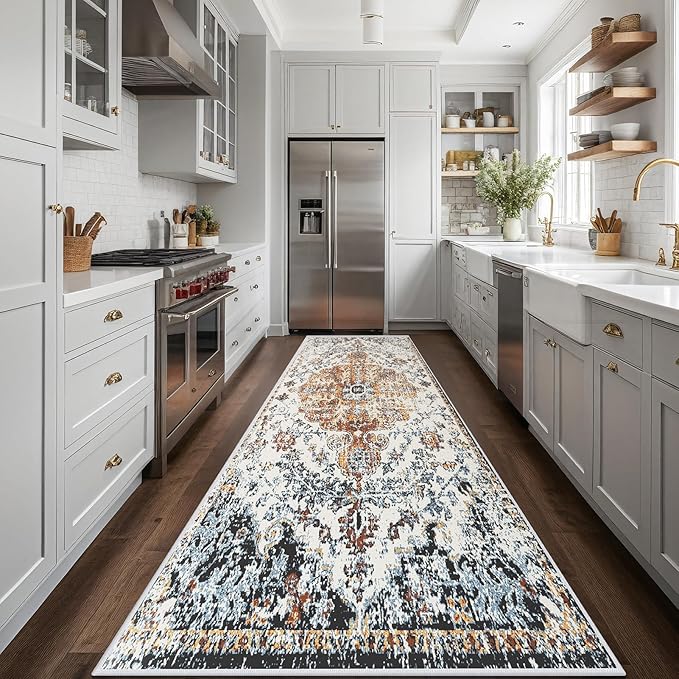 Hallway Washable Runner Rug 2'6x8 - Vintage Kitchen Runner Rugs with Non Slip Backing Stain Resistant Rugs for Living Room Bedroom Floor Distressed Carpet Runners for Farmhouse, Laundry