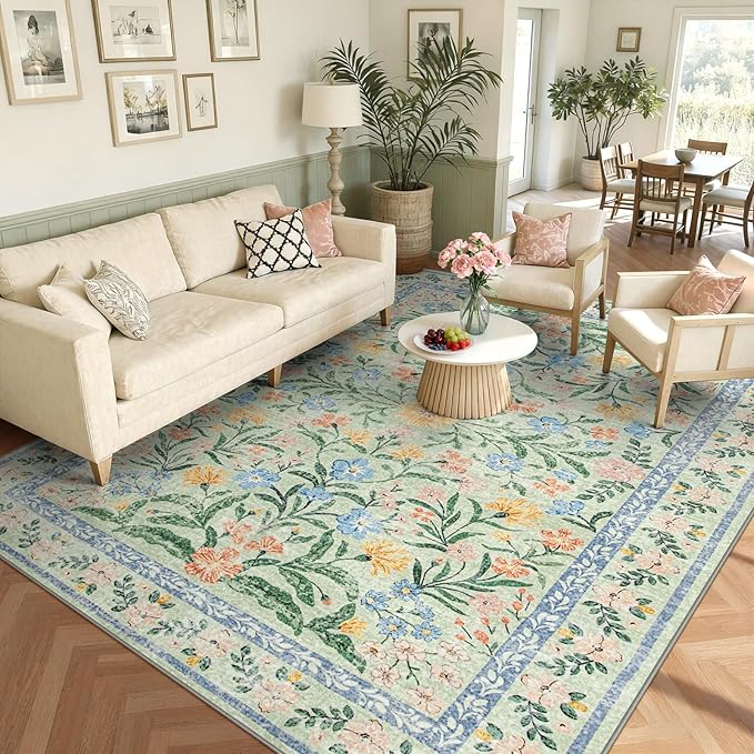 Wonnitar Boho Washable Rugs 8x10, Large Floral Rugs for Bedroom, 8 x 10 Soft Green Living Room Carpet, Non Slip Ultra-Thin Carpet for Kids Playroom Dorm Dining Room