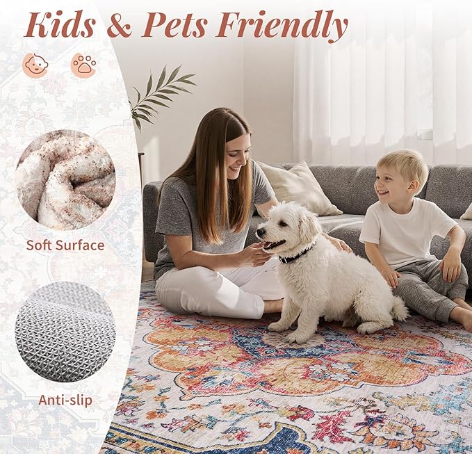 tchdio 3x5 Bedroom Area Rug, Non Slip Washable Entryway Rug Indoor, Soft Low Pile Vintage Door Mat, Stain Resistant Rug for Entrance, Bedside, Dining Room (Multi, 3'x5')