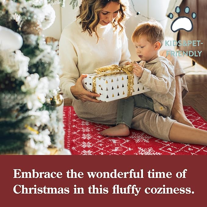 Lahome Christmas Door Mat 2x3 Red Entryway Rug Small Washable Area Rugs Non-Slip Indoor Entry Carpet Throw Soft Bathroom Mat, Snowflake Home Xmas Holiday Decor Thin Floor Doormat Carpet for Bedside