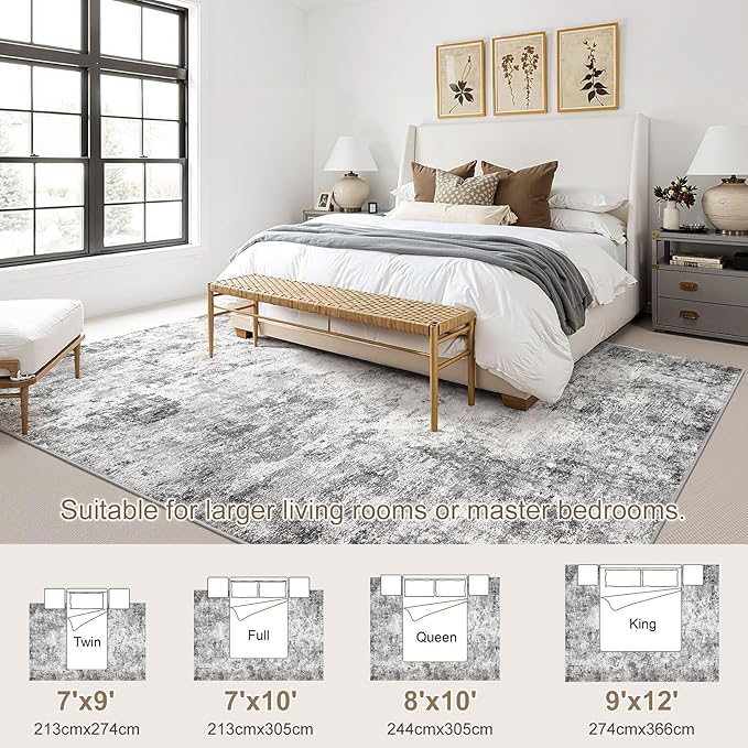 9x12 Area Rug Living Room Rugs - Washable Neutral Modern Abstract Soft Thin Large Rug Indoor Floor No Slip Rug Carpet for Bedroom Under Dining Table Home Office Decor - Grey