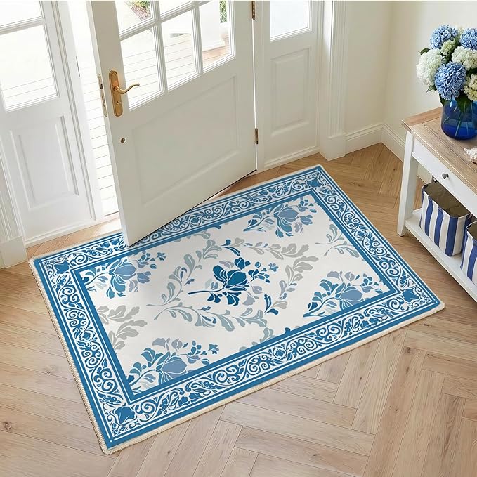 SOULFUL Medium Pile 2x3 Entryway Rug - Soft Underfoot Small Area Rug - Blue Boho Floral - Washable Non-Slip - Perfect for Hallway Kitchen Bedroom Bathroom Indoor Entrance