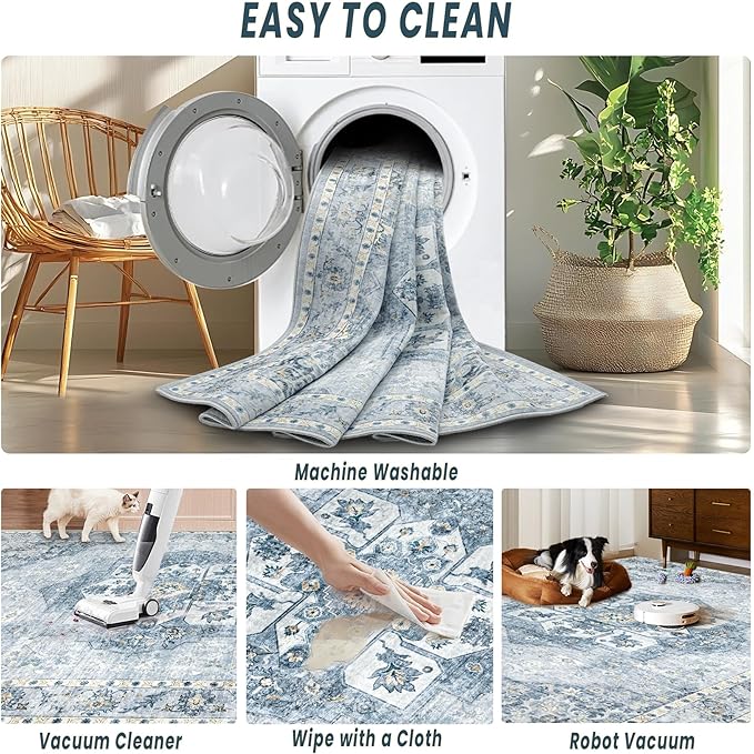 9x12 Area Rugs Washable Rugs for Living Room, Large Vintage Boho Rug Non-Slip Soft Floral Distressed Rug Low Pile Stain Resistant Carpet for Bedroom Nursery Office Dining Room Farmhouse(Blue, 9'x12')