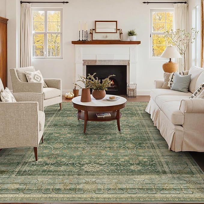 HelloTree Washable Rugs 6x9 Area Rug for Living Room, Vintage Boho Green Rug Non Slip Carpet Retro Accent Indoor Mat Print Distressed Low Pile Throw Large Rug for Office Bedside-Green