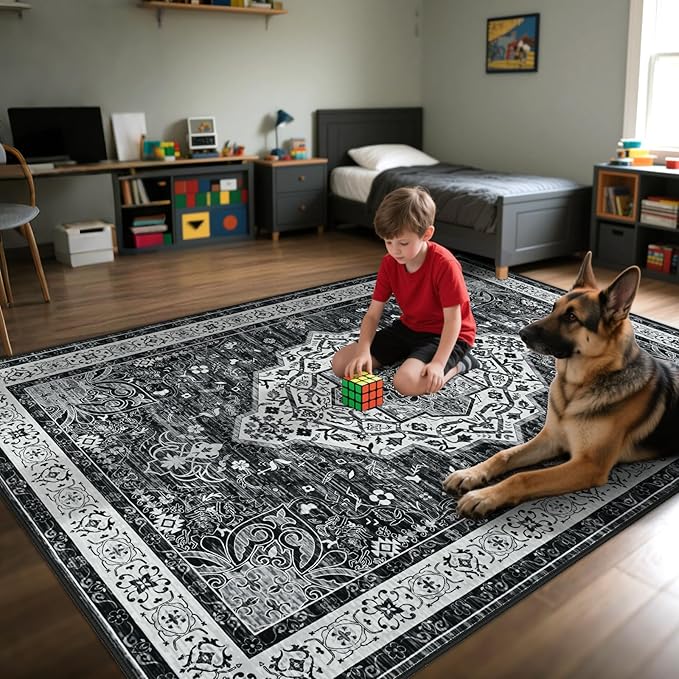 Black 4x6 Rug for Bedroom, Non Slip Washable Area Rugs for Living Room, Distressed Indoor Retro Accent Vintage Carpet for Kitchen, Office, Dining Room, Farmhouse, Kids Room