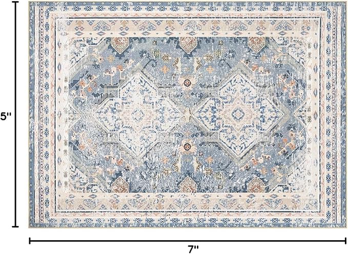 Phantoscope Washable Area Rug 5'x7' Non-Slip, Vintage Neutral Rugs for Living Room, Bedroom, Dining Room, Distressed Boho Geometric Medallion Pattern, Low-Pile Foldable Floor Carpet, Dusty Blue/Multi