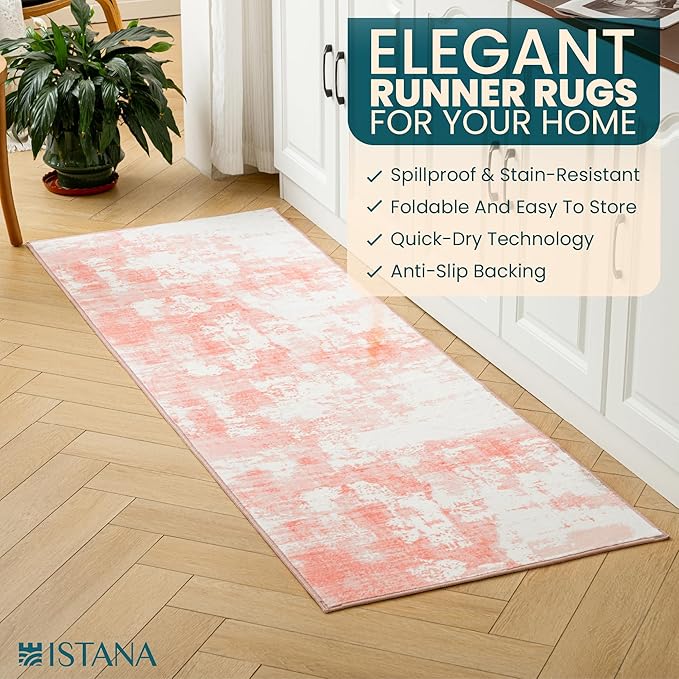 Istana Hallway Runner Rug 2x6 - Pink Kitchen Rugs Non Slip Washable -Silk's Soft Touch Carpet Runner - Stylish Rug Runner for Home