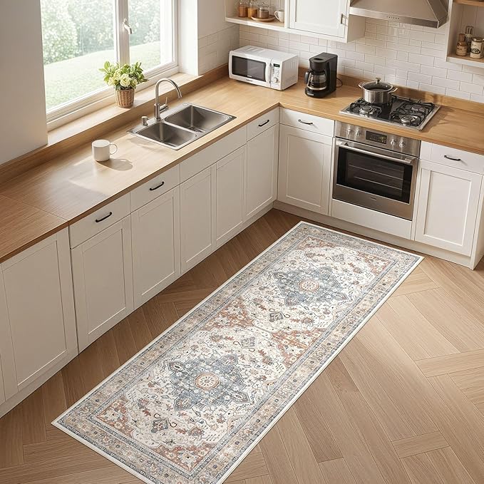 Runner Rug Kitchen Washable Rugs: 2x6 Non-Slip Boho Vintage Distressed Stain Resistant Indoor Neutral Farmhouse Throw Carpet for Hallway Bathroom Laundry Room Entryway Bedroom- Beige Blue