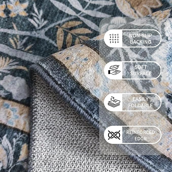 Washable Living Room Rug: 6x9 Boho Floral Soft Area Rug for Bedroom Decor - Vintage Low Pile Thin Carpet for Dining Room Non-Slip - Farmhouse Stain Resistant Rugs - Slate Blue