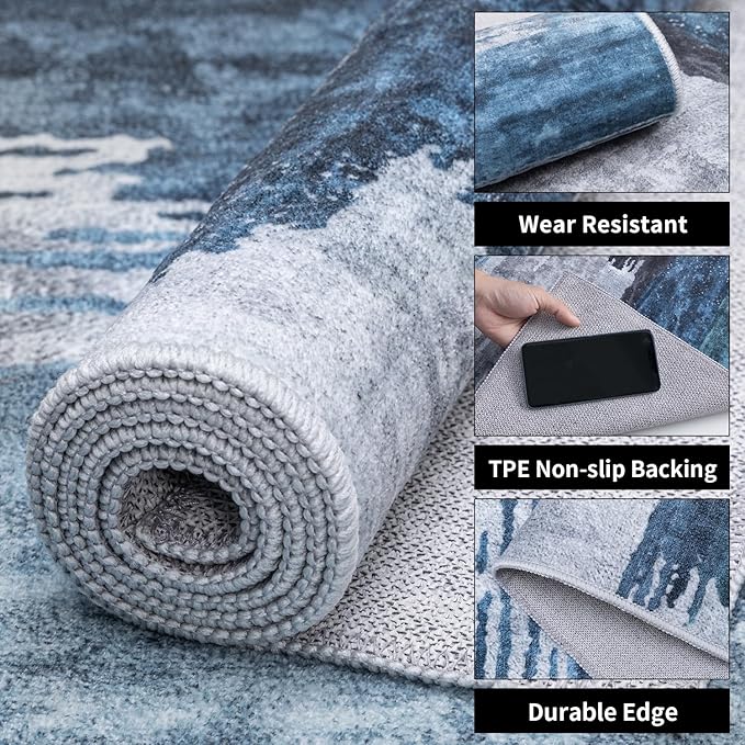 Ciicool 2'6''x14' Washable Runner Rug, Modern Abstract Hallway Rugs Runner, Non-Slip Thin Accent Rug Lightweight Navy Grey Print Distressed Carpet for Laundry Entryway Bedroom Kitchen Indoor
