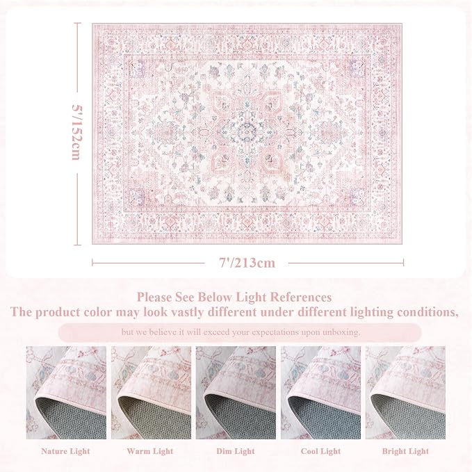 LIVEBOX Pink Washable Area Rug 5x7 - Large Vintage Tribal Living Room Non-Slip Indoor Carpet for Bedroom, Low-Pile Retro Print Distressed Accent for Nursery Dorm Home Decor