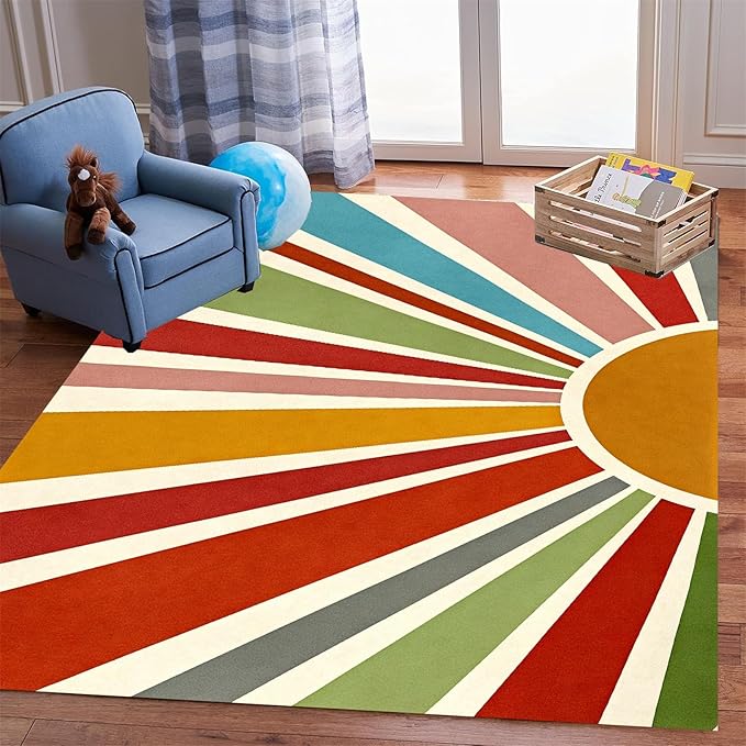 Rainbow Sun Area Rug,5x8ft,Medieval Vintage Geometric Rugs,Boho Style Bedroom Decor Rug Soft Machine Washable Carpet for Indoor Bedroom Living Room Office Decor