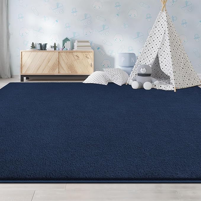 Large Area Rugs for Living Room Bedroom, 6x9 Feet Navy Blue Rug, Minimalist Modern Shag Rug, Soft Thick Memory Foam Indoor Carpet, Non-Slip Washable Rug for Boys Girls Dorm Nursery Room Home Decor
