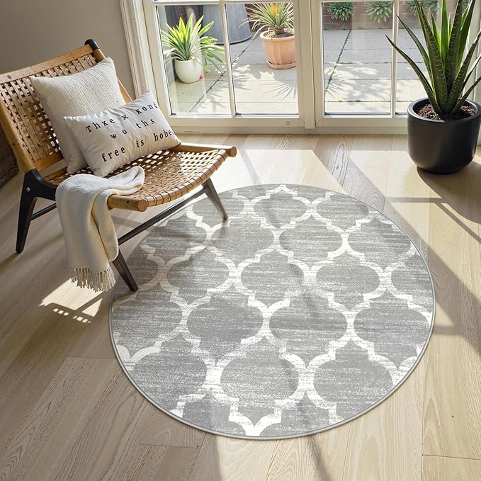 Lahome Moroccan Round Area Rug - 3' Diameter Faux Wool Non-Slip Area Rug Small Accent Distressed Throw Rugs Floor Carpet for Door Mat Entryway Bedrooms Laundry Room Decor (Round - 3' Diameter, Gray)