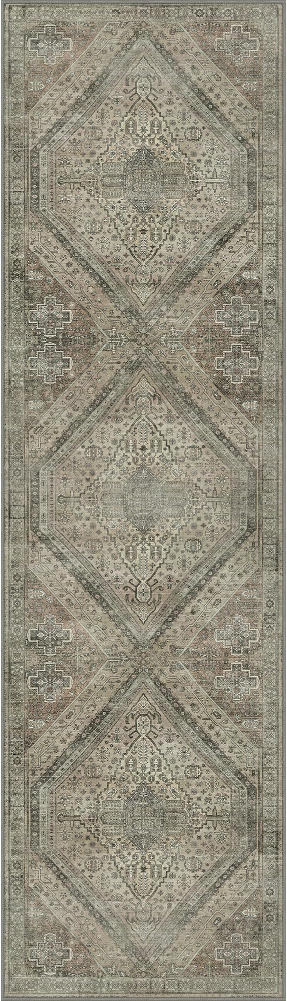 Bavni Kitchen Rug 2x7 Runner Rugs for Hallways Entryway, Washable Vintage Print Carpet, Ultra-Thin Chenille Low Pile Lightweight Rug with Non Slip Backing, Tan