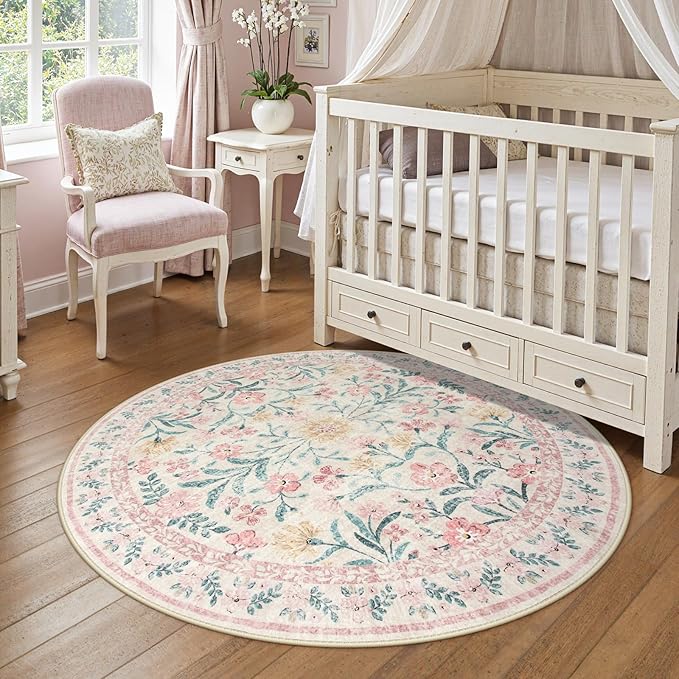 Wonnitar Pink Floral Round Rugs 5ft, Soft Circle Rug Non Slip Washable Round Carpet, Boho Non-Shedding Flower Distressed Circle Carpets for Bedroom Girls Room Nursery
